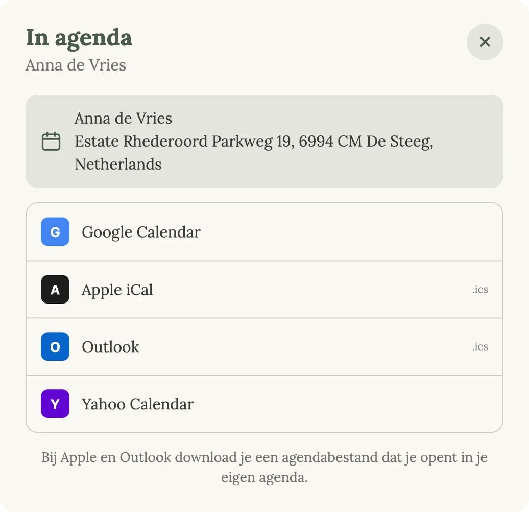 Het venster In agenda met Google Calendar, Apple iCal, Outlook en Yahoo Calendar