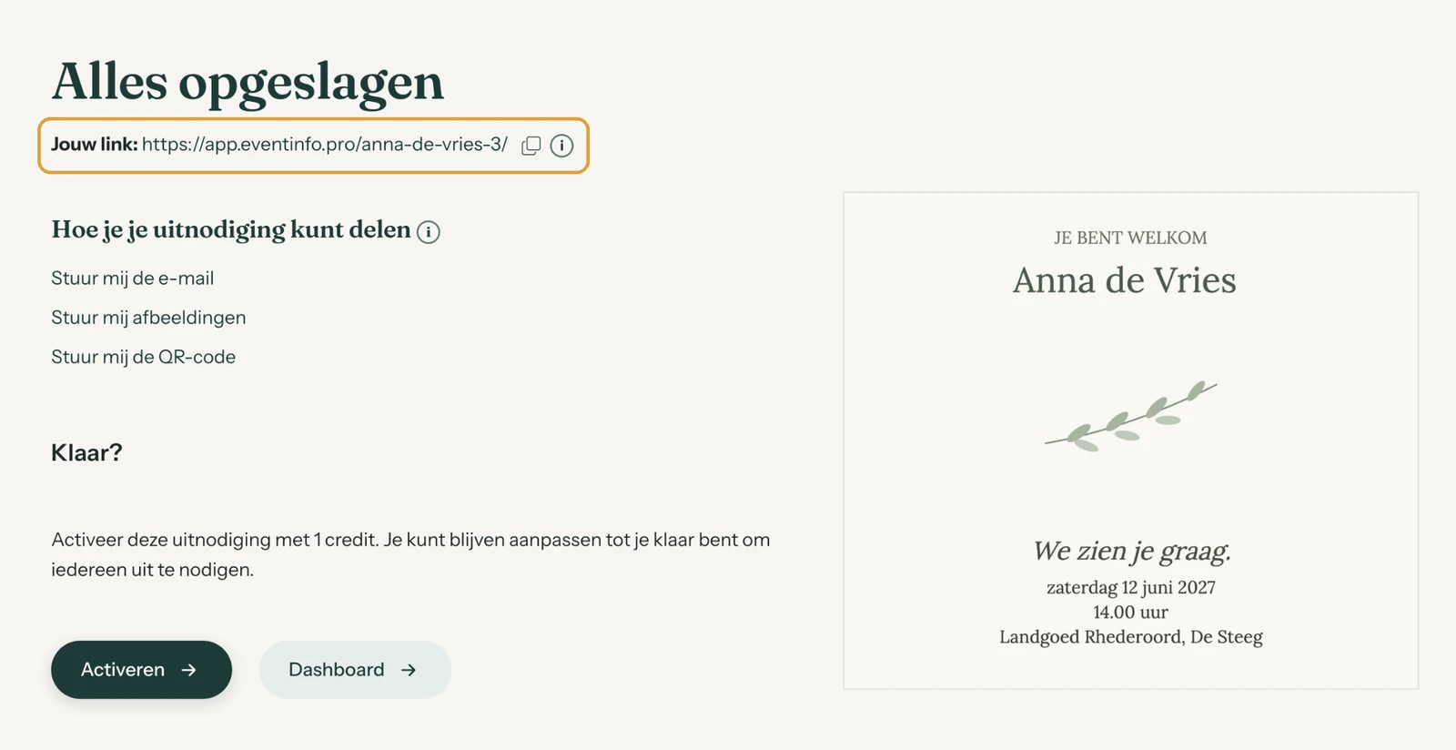 Het scherm Alles opgeslagen met de link en de knop Koop voor 19 euro