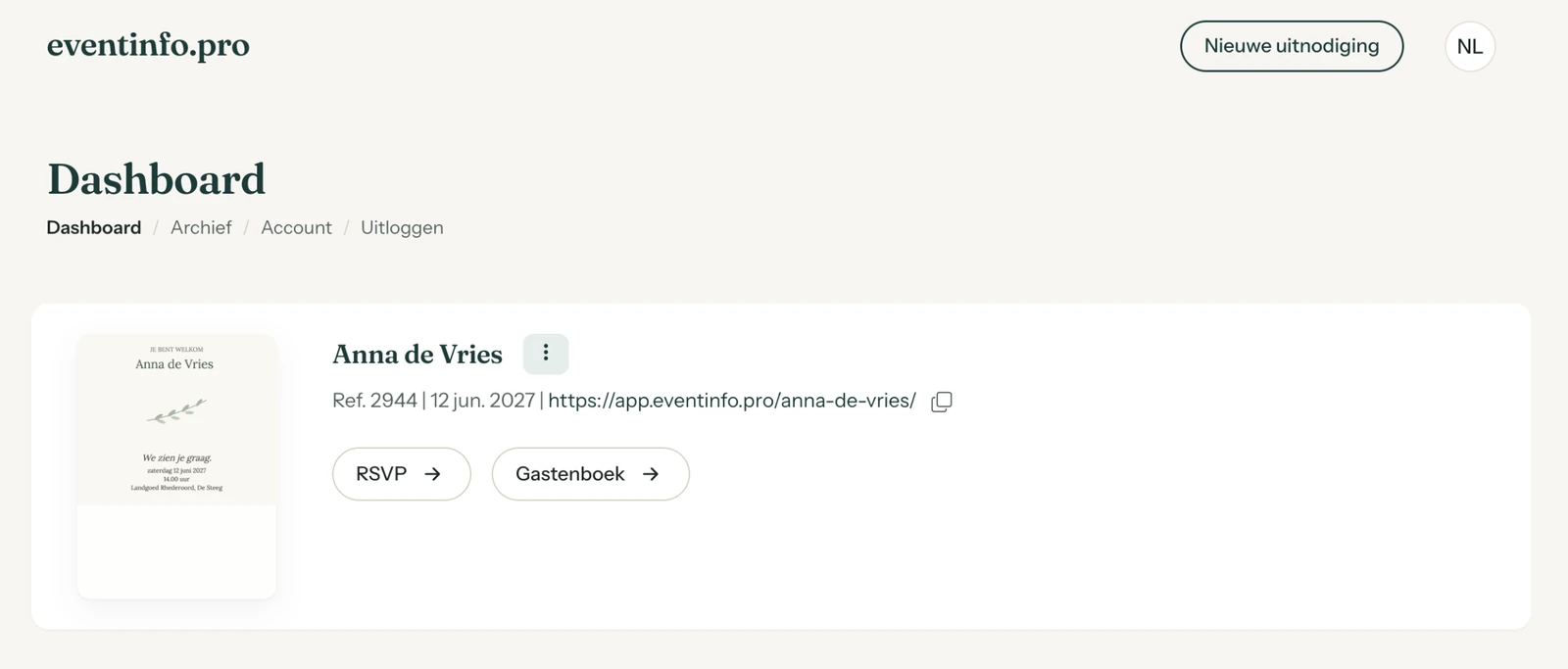 Het dashboard met een uitnodiging, het referentienummer, de link en de knop Koop voor 19 euro
