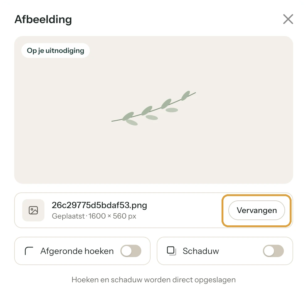 Het venster Afbeelding met de huidige foto, de knop Vervangen en de schakelaars voor hoeken en schaduw