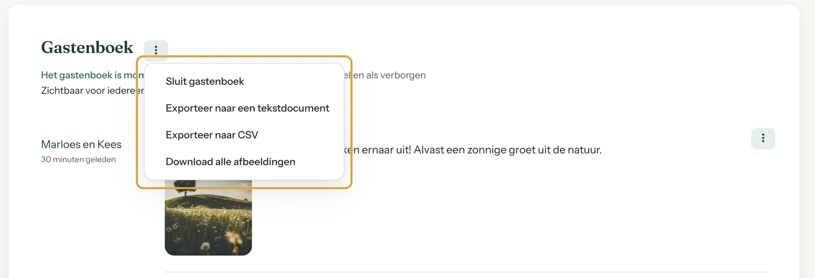 De gastenboekpagina in het dashboard met onder de titel de huidige zichtbaarheid