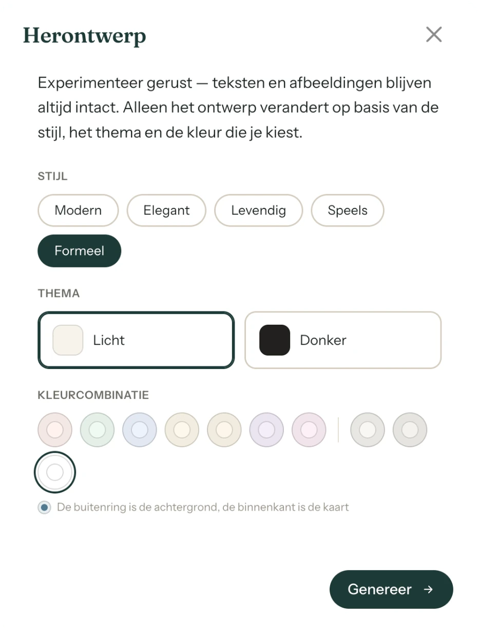 Het venster Herontwerp met Stijl, Thema, Kleurcombinatie en de knop Genereer