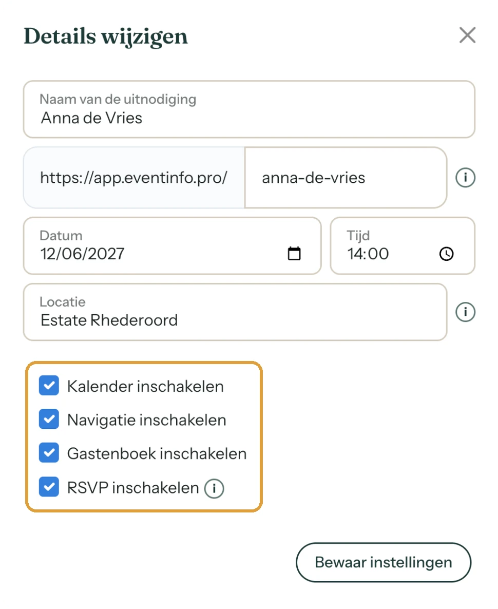 Het venster Details wijzigen met datum, tijd, locatie en het vinkje Kalender inschakelen