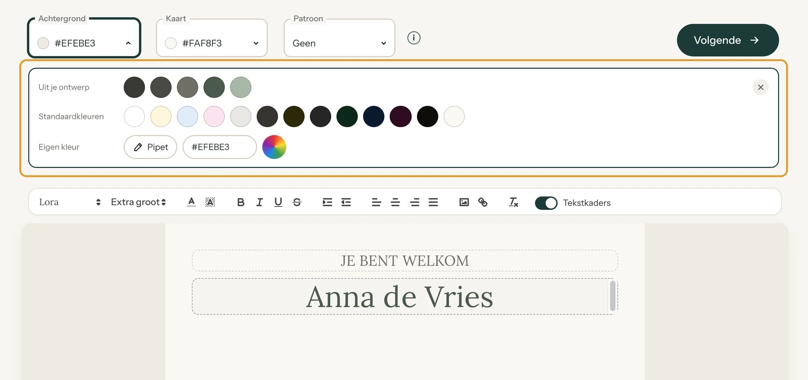 De kleurenbalk met de rijen Uit je ontwerp, Standaardkleuren en Eigen kleur