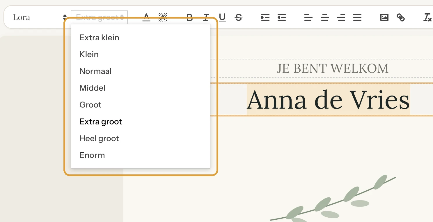 Het uitklapmenu Lettergrootte met de maten van Extra klein tot Enorm