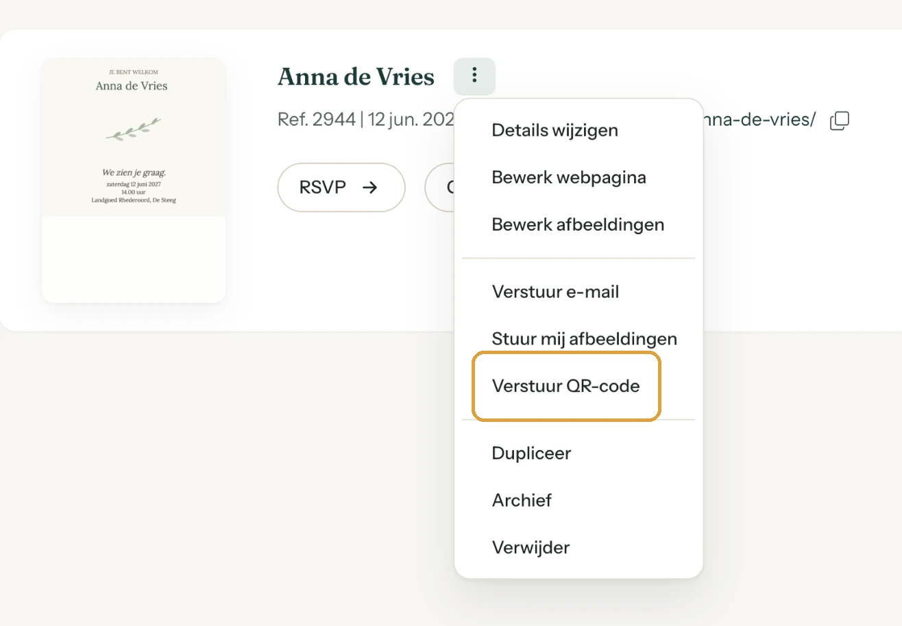 Het menu met drie puntjes in het dashboard met Verstuur QR-code gemarkeerd
