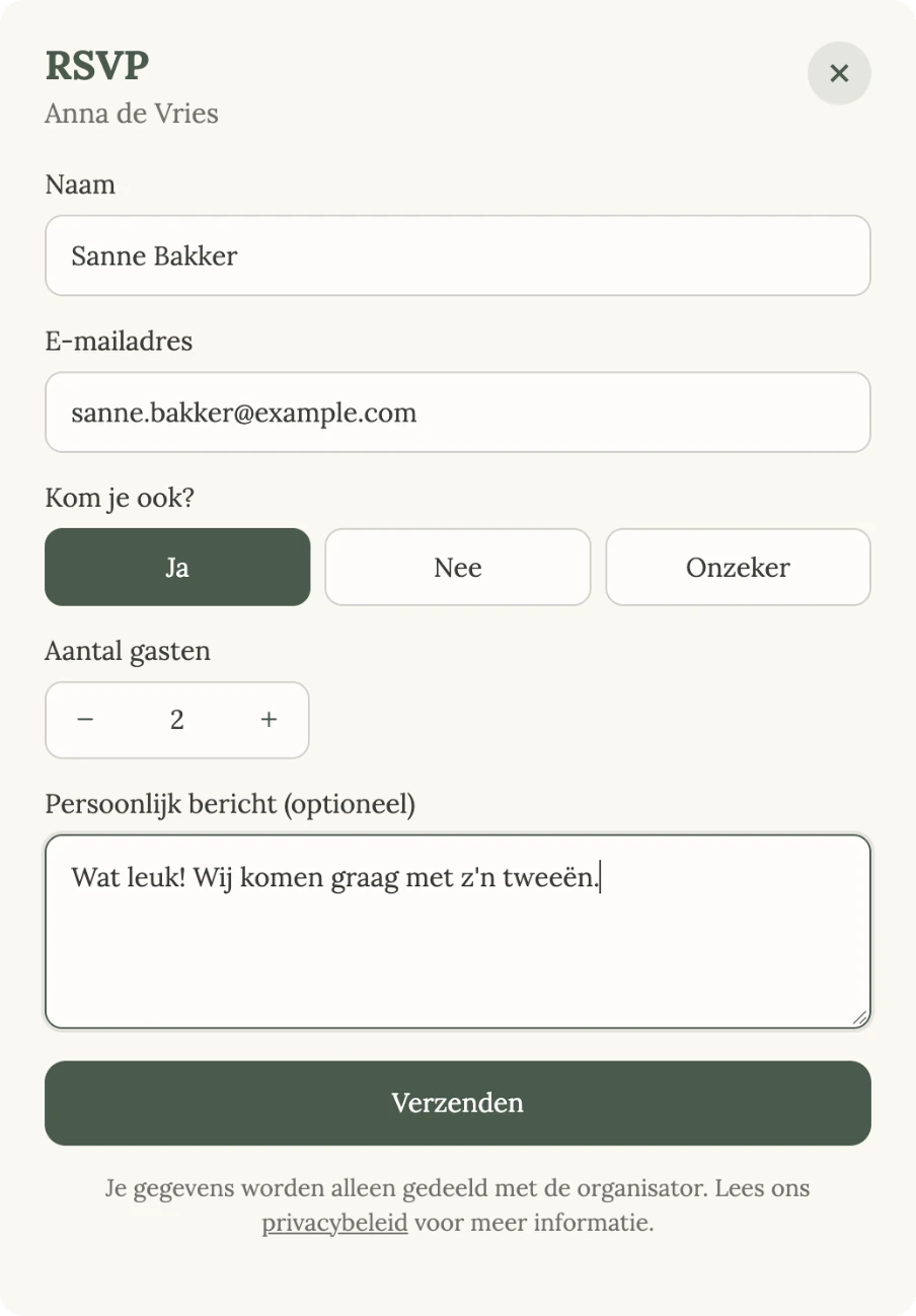 Het RSVP-venster met naam, e-mailadres, de keuze Ja, Nee of Onzeker en het aantal gasten