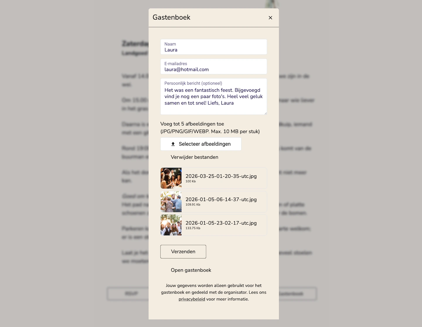 Bericht van een gast in het online gastenboek van een digitale trouwkaart