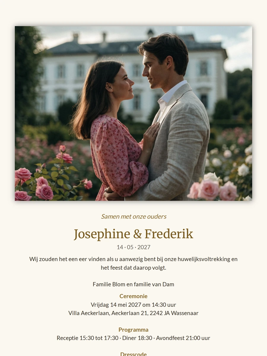 Trouwkaart met foto in rozentuin bij villa