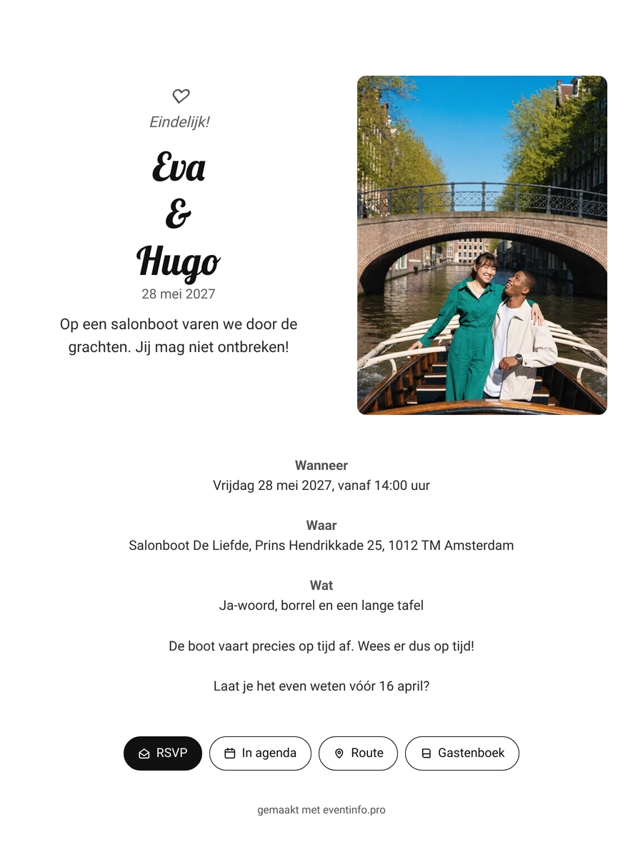 Trouwkaart met bootfoto onder een brug