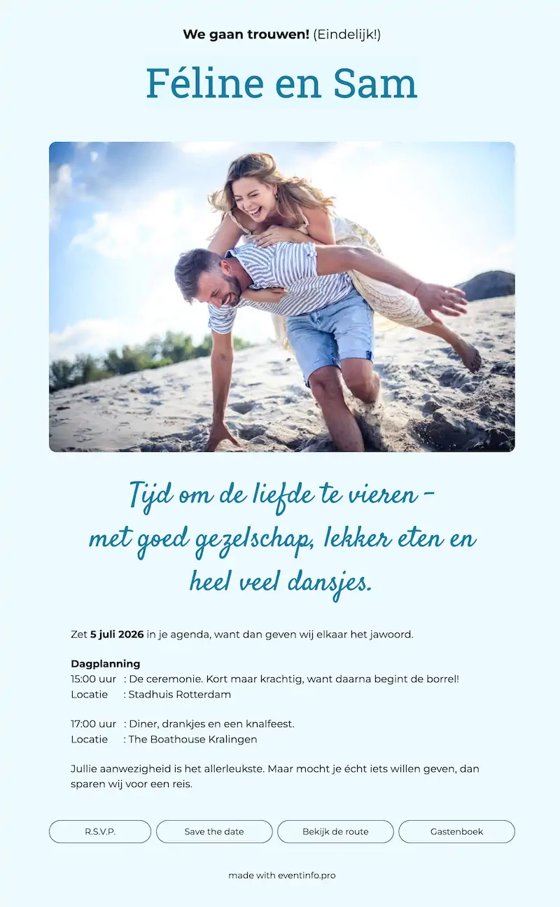 Speelse blauwe trouwuitnodiging