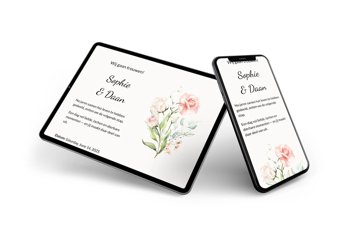 Zachte bloemige trouwkaart met sierlijke letters &ndash; voorbeeld 2