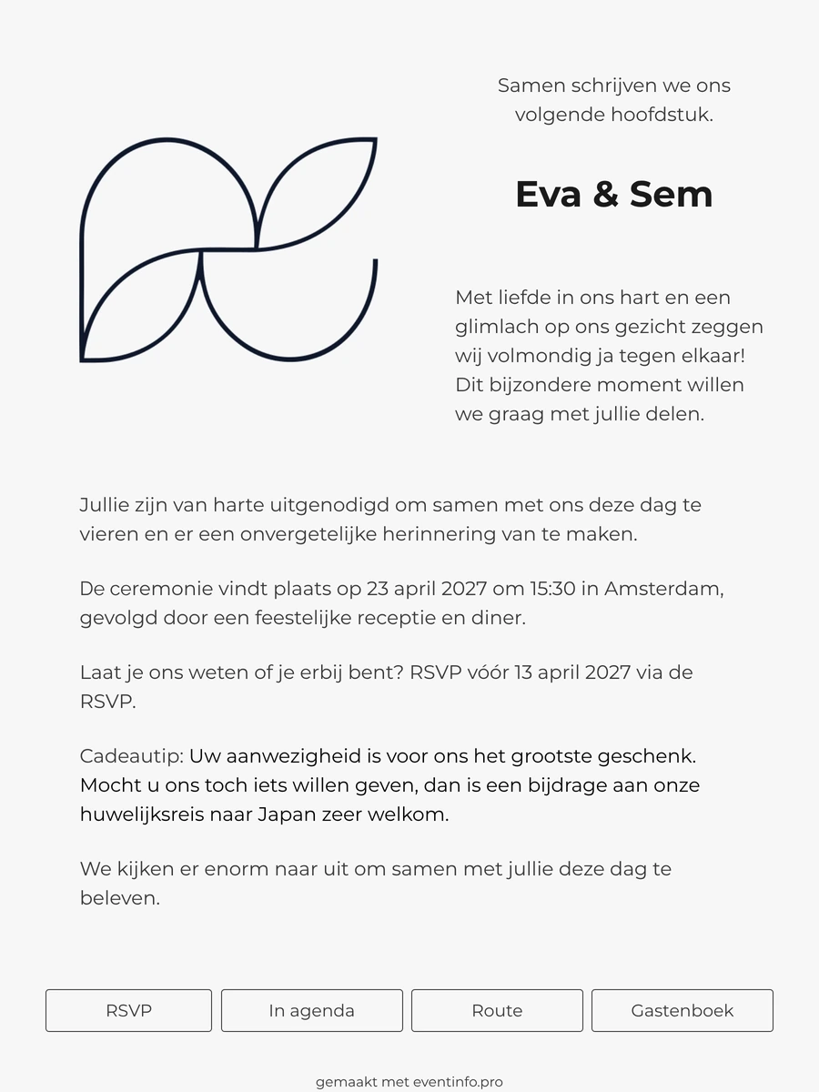 Trouwkaart met een zwarte lijntekening